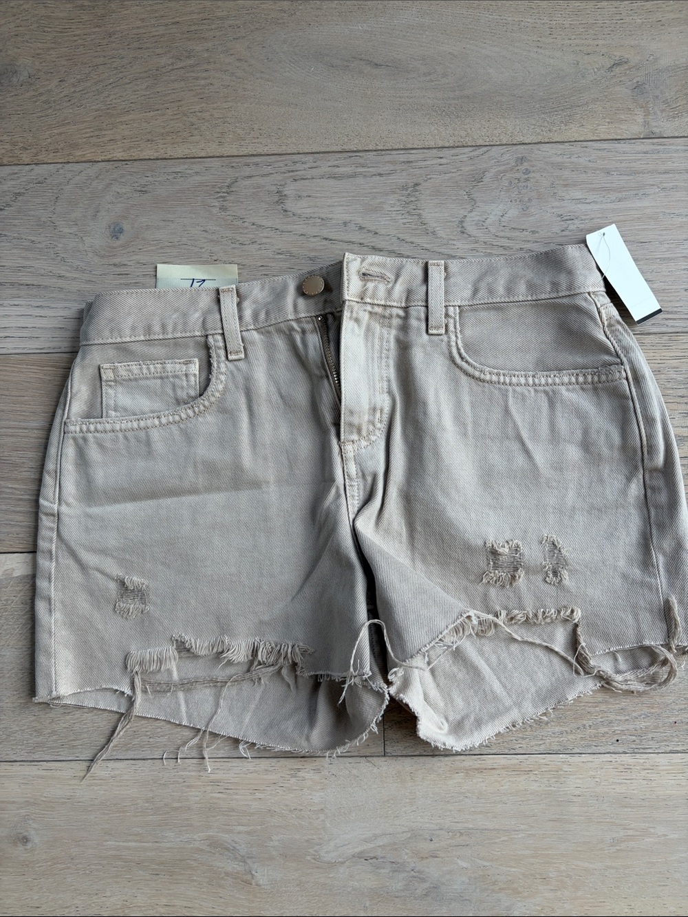 Frayed Hem High-Rise Beige Denim Shorts
